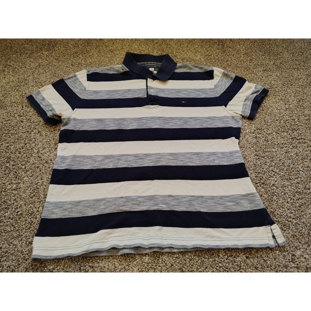 Tommy Hilfiger Mens Custom Fit Striped Polo Shirt Logo Navy Blue White Large